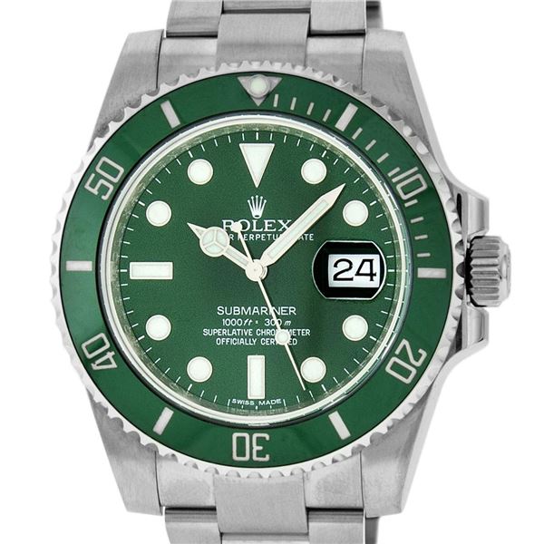 Rolex Mens Stainless Steel Green Dial Oyster Band 40mm  Hulk  Submariner Wristwa