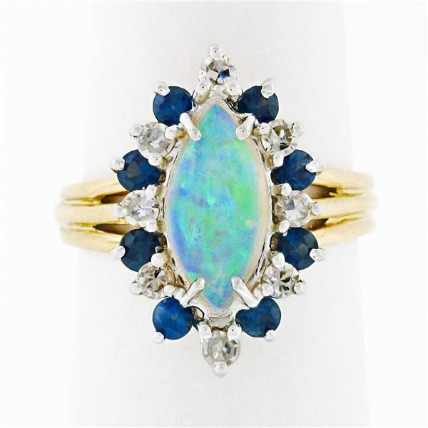 Vintage 14k Gold Marquise Opal Round Sapphire Diamond Halo Cocktail Ring