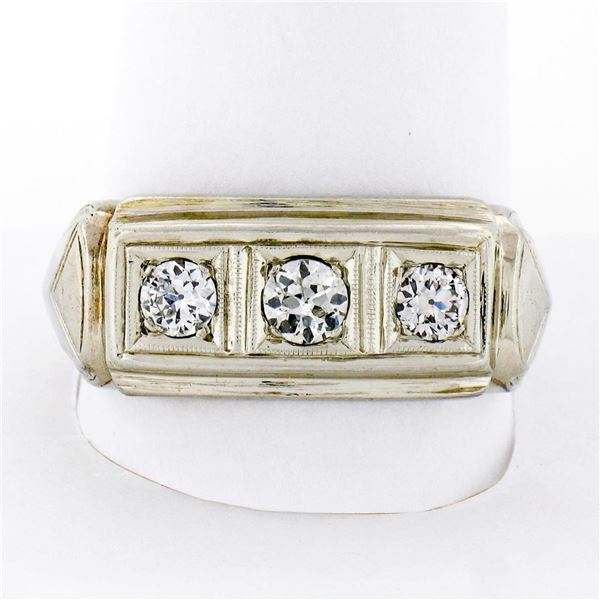 Men's Antique Art Deco 14K White Gold 0.75 ctw European Diamond 3 Stone Band Rin