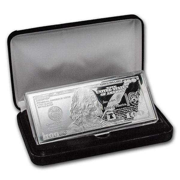 2017 4 oz .999 Pure Silver Bar -$100 Bill (w/Box & COA)