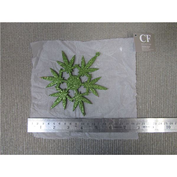 Weed-Shaped Snow Flake 6" Green Glitter Christmas Decorations, box of 30 pcs