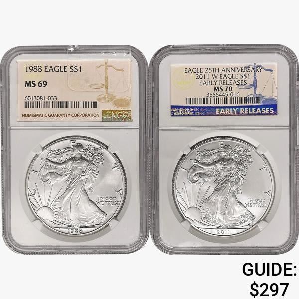 [2] 1988 & 2011 Silver Eagle NGC MS69/70