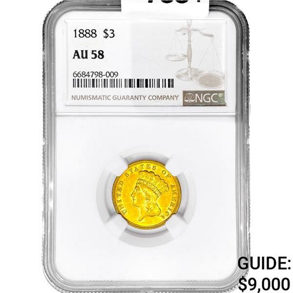 1888 $3 Gold Piece NGC AU58