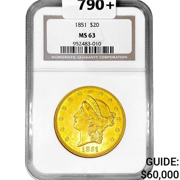 1851 $20 Gold Double Eagle NGC MS63