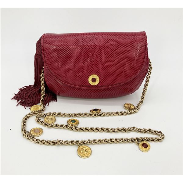 Judith Leiber Red Lizard Tassel Charm Strap Clutch Shoulder Bag