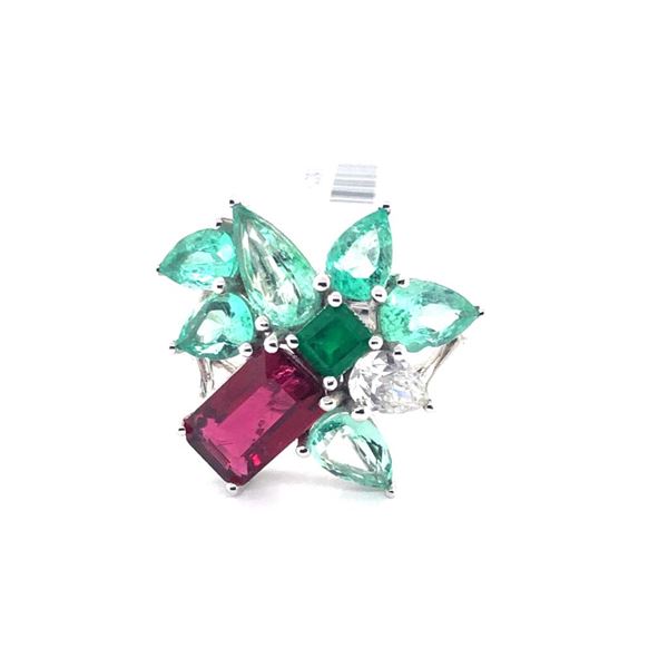 2.86ct Emerald 1.86ct Tourmaline 18K White Gold Ring