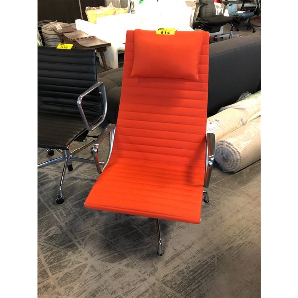 HERMAN MILLER ORANGE EAMES ALUMINUM GROUP LOUNGE CHAIR, RETAIL PRICE $3,685