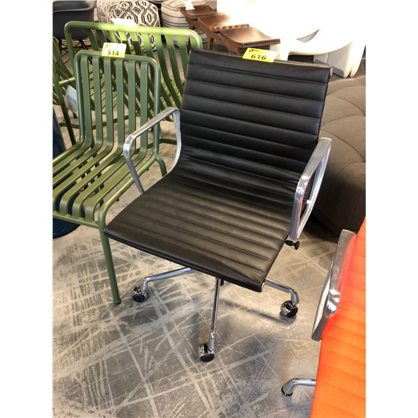 HERMAN MILLER EAMES BLACK LEATHER MANAGEMENT ALUMINUM GROUP CHAIR, RETAIL PRICE $ 4,075