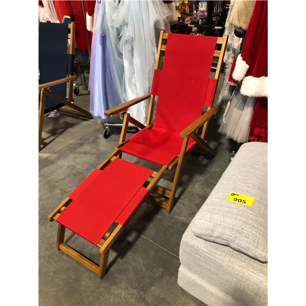 RED WOODEN FOLDING PATIO LOUNGE CHAIR