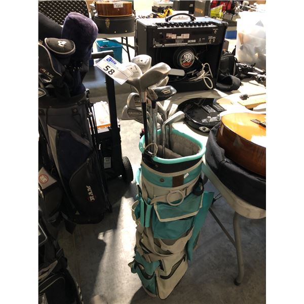 CYAN GOLF CARRY BAG AND GOLF CLUBS INCLUDING SPALDING CLUBS AND DRIVERS