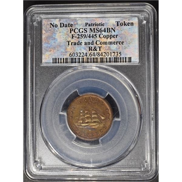 TRADE & COMMERCE PATRIOTIC TOKEN PCGS MS-64 BN