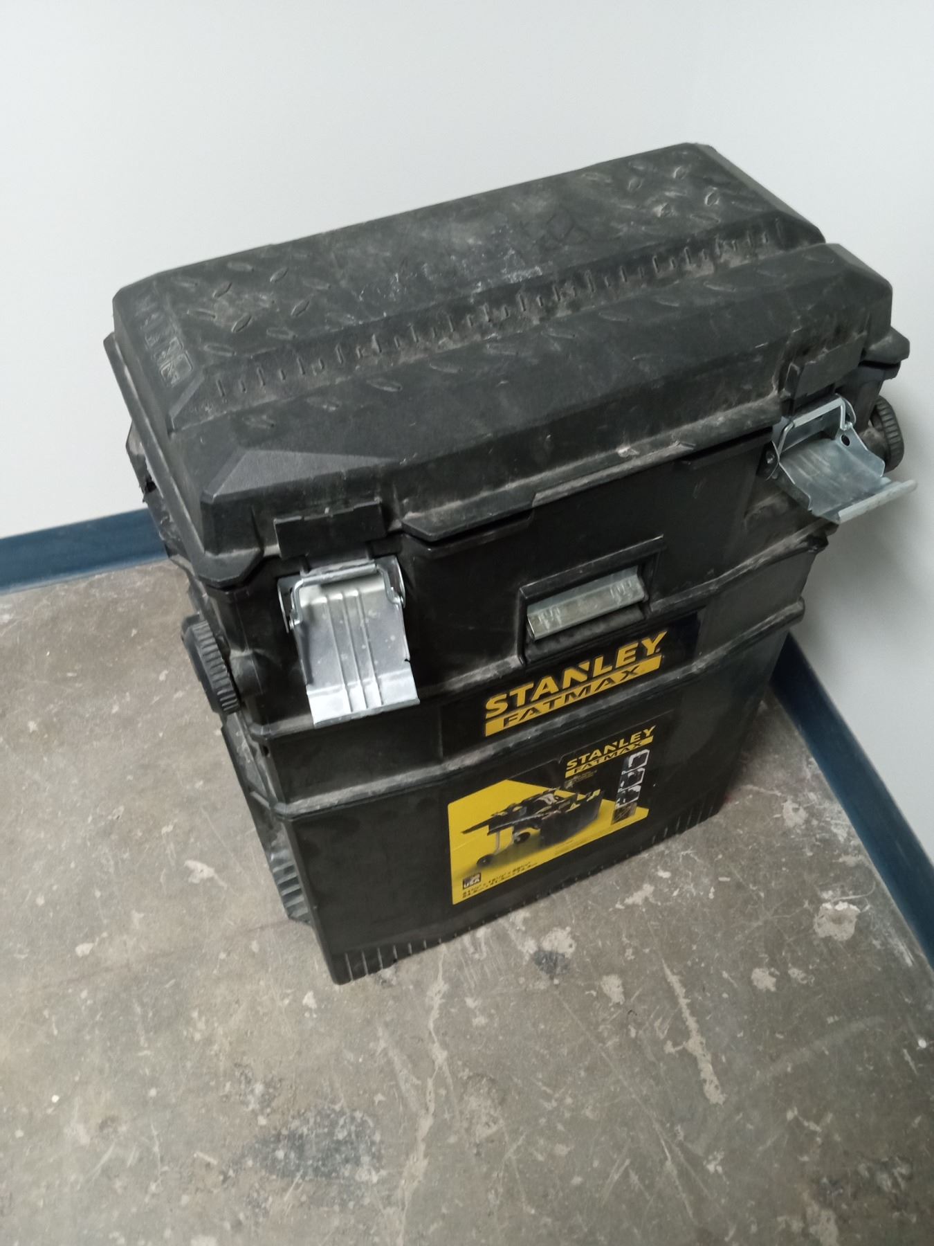 Stanley tool box with masks and coveralls