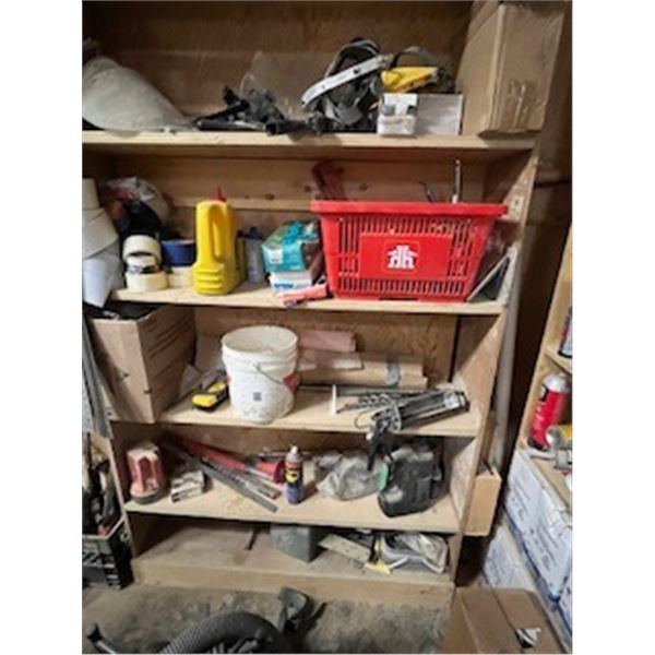 shelf of misc tools and supplies