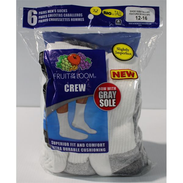 FRUIT OF THE LOOM BIG & TALL MEN'S WHT/GY CREW SOCKS