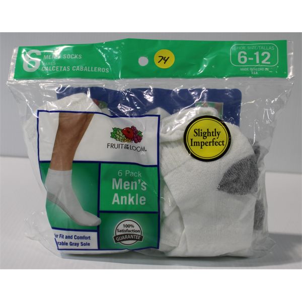 FRUIT OF THE LOOM WHT/GRY MEN'S ANKLE SOCKS