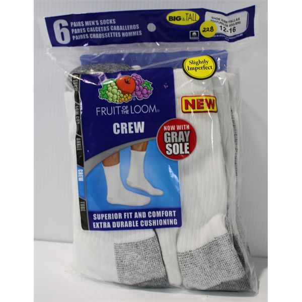 FRUIT OF THE LOOM BIG & TALL MEN'S WHT/GY CREW SOCKS