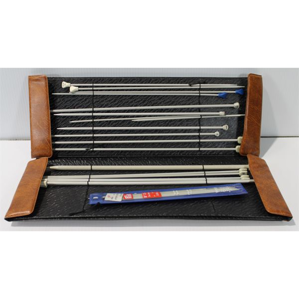 KNITTING NEEDLES IN LEATHER STORAGE POUCH
