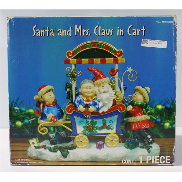 POLYRESIN MR & MRS. CLAUS IN CART FIGURINE