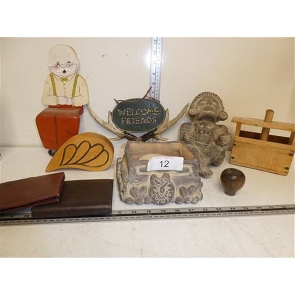 Antler wall hanging, 2 leather wallets, cultural