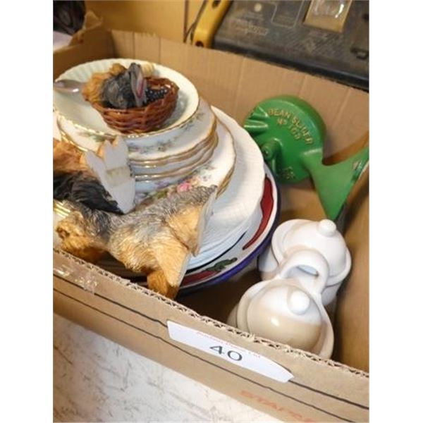 Dog ornaments, china plates, bean slicer, double