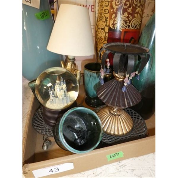 Snow globe, table lamp, vase, candle holders,
