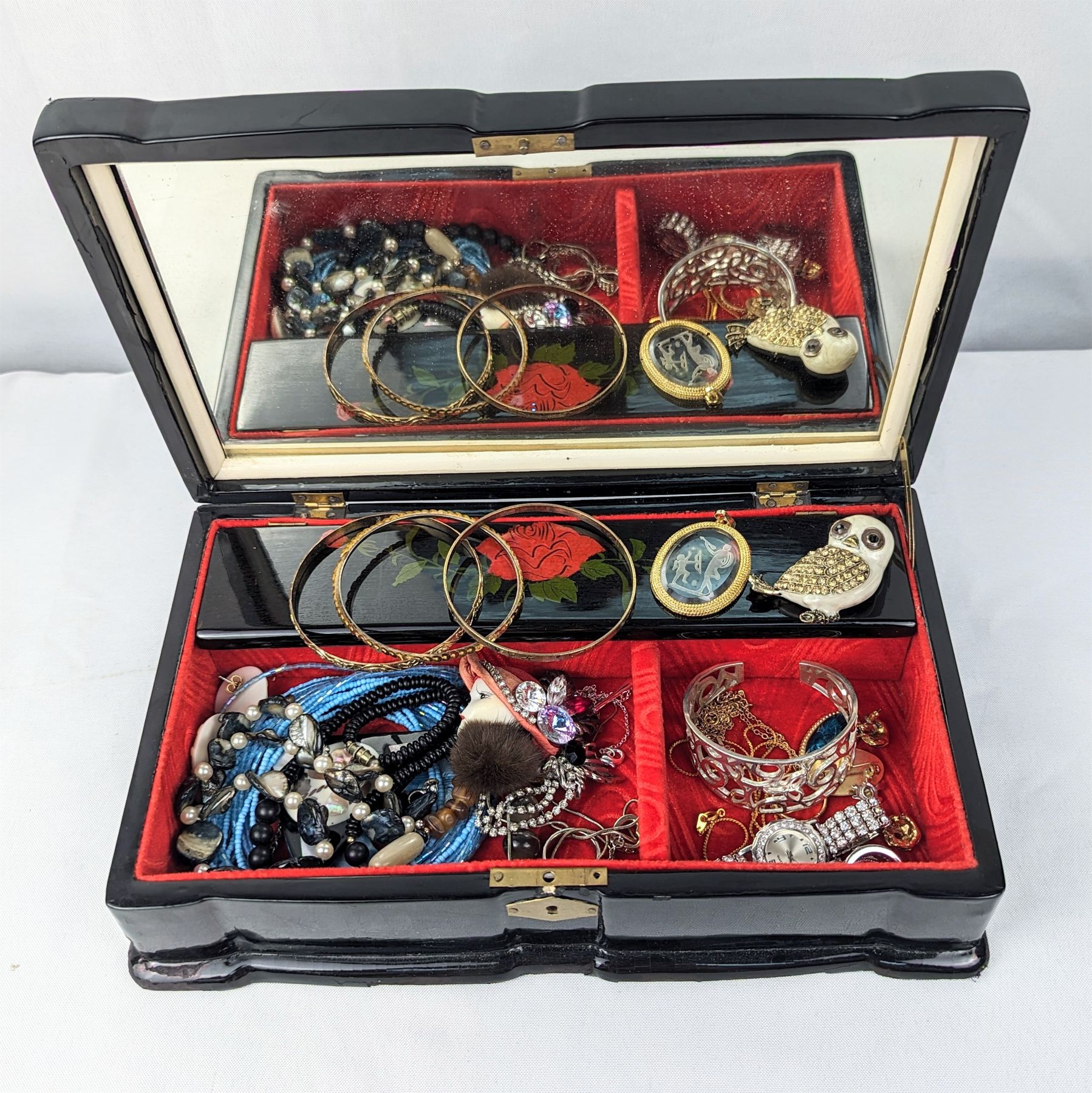 Vintage Shell Inlaid Jewelry Box with Various Vintage Jewelry