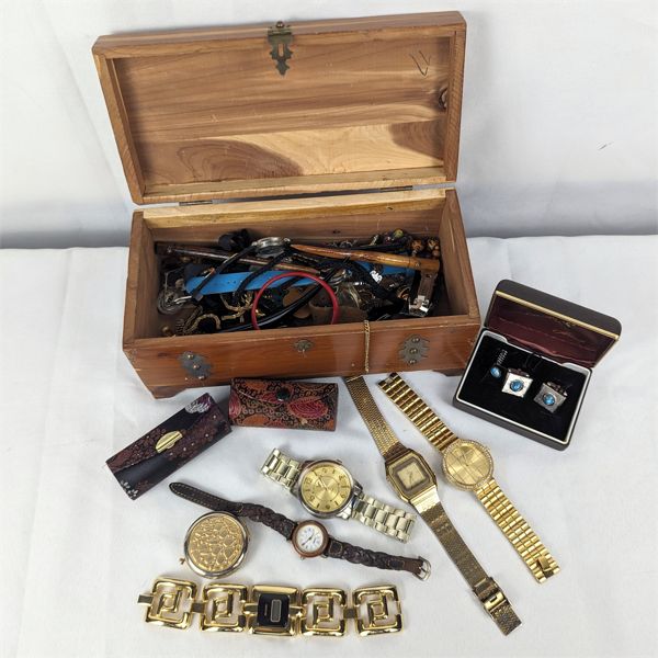 Vintage Jewelry Box with Watches & Various Jewelry 
