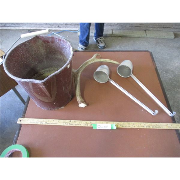 Plastic Pail, (2) Aluminum Dippers, Mule Deer Shed