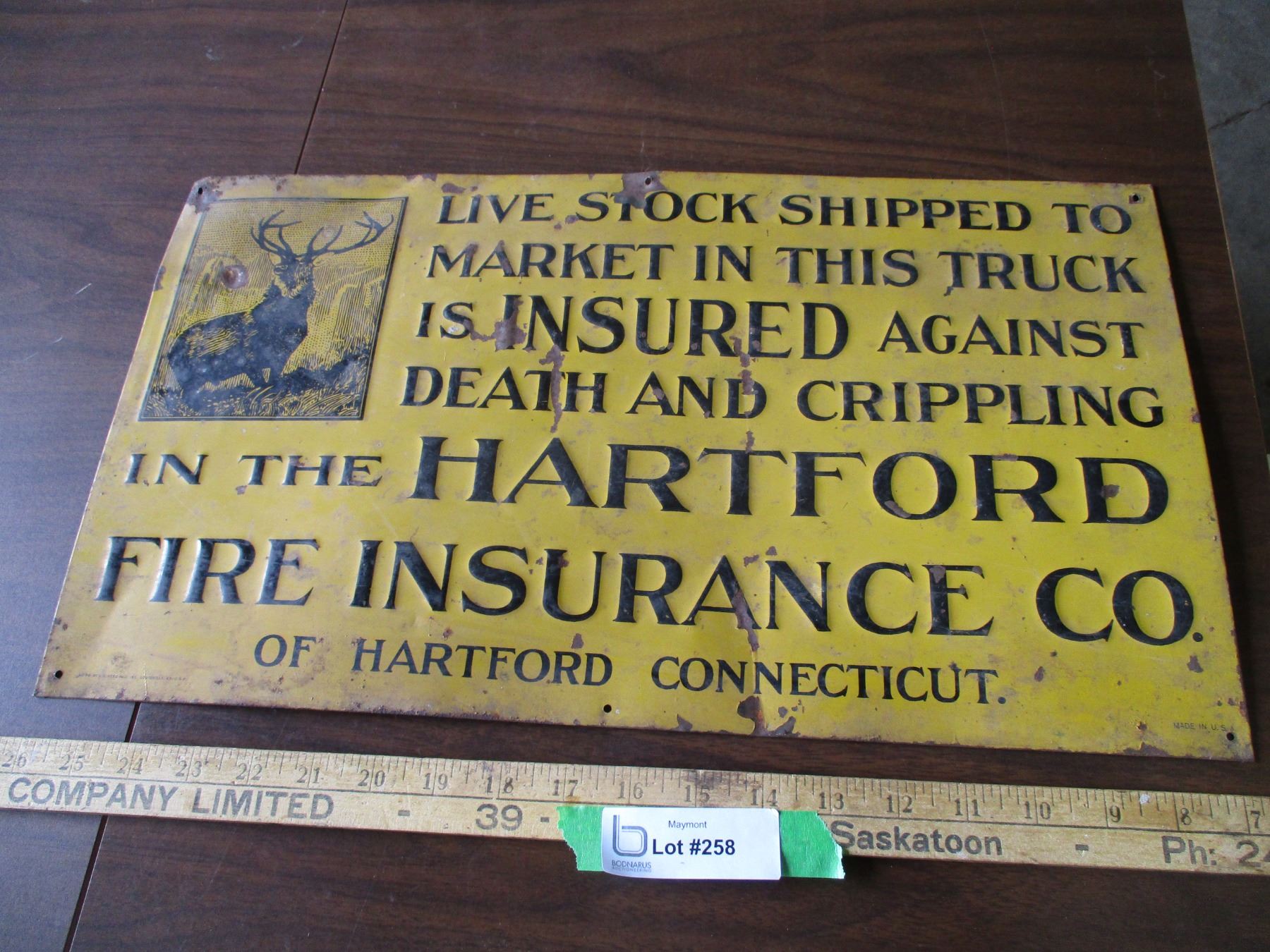 Antique Hartford Fire Insurance Metal Sign - 19
