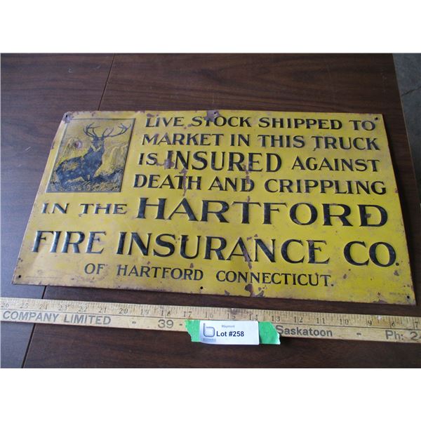 Antique Hartford Fire Insurance Metal Sign - 19" x 11"