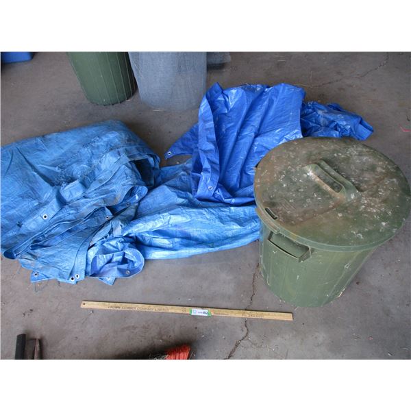 (3) Blue Tarps - Some Tarps are Damaged; Garbage Can