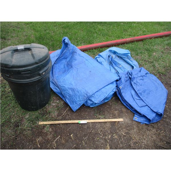 (3) Blue Tarps, Garbage Can