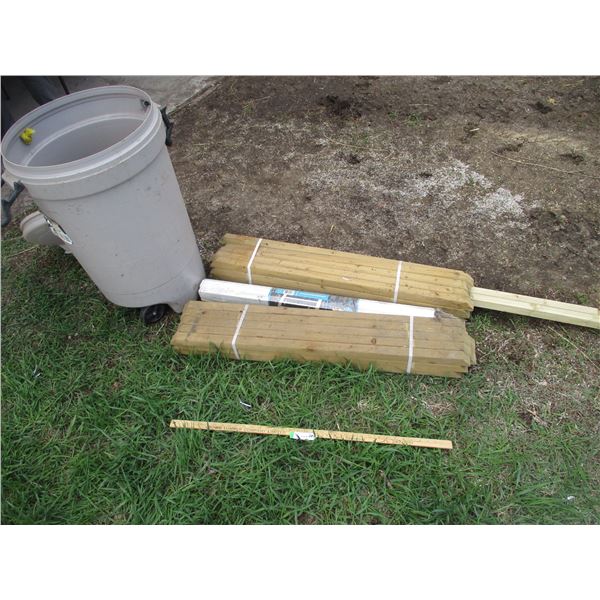 White Straight Pickets, Wooden Railing Pieces, Garbage Can