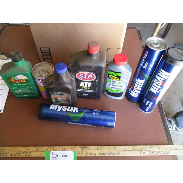 (3) General Purpose Grease Cartridges, Rad Stop Leak, 2 Cycle Engine Oil, etc.