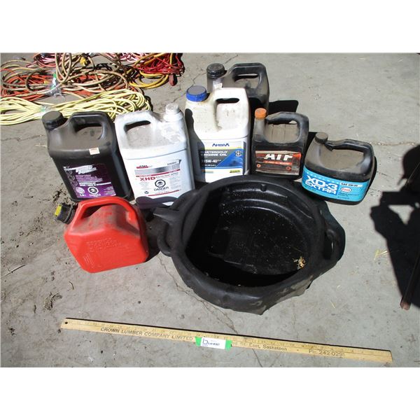 Folding Chair, Jerry Can, Oil Drain Pan, Partial Jugs of Oil