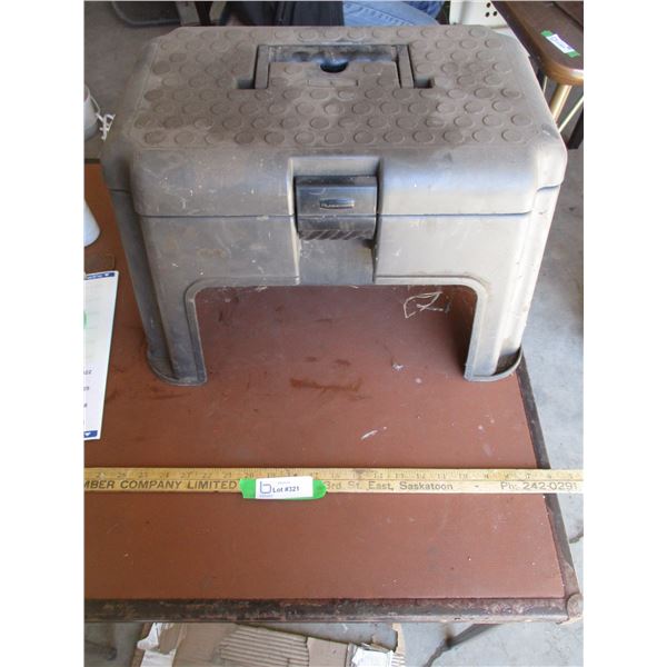 Step Stool With Enclosed Tool Box, Hitch Pins, Claw Hammer, Sockets, etc.