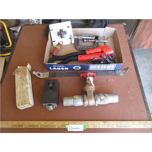 12 Volt Snake Light, Battery Strap, C Clamps, Gate Valve, Spring, etc.