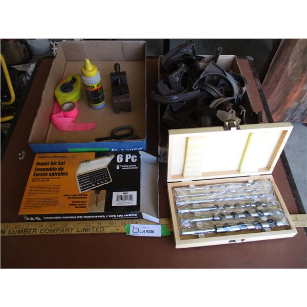 Eavestrough Clamps, Auger Bit Set, Vise, Plumb Line, Chalk, Snips