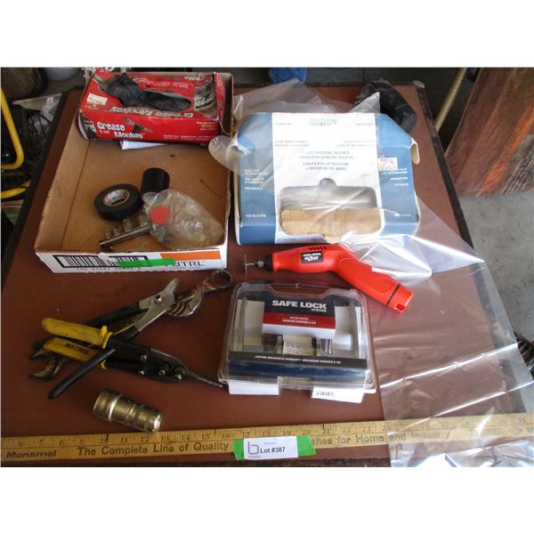 Black & Decker Battery Charger, Poly Gloves, Wrench, Pliers, Tin Snips, Weiser Lock Set, Black & Dec