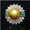 Image 3 : 11m GOLDEN South Sea Pearl, 0.80 ctw Emerald and 1.83 ctw Diamond 18K Yellow Gol