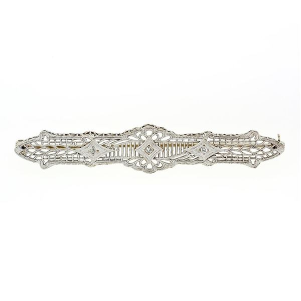 Antique Art Deco 14k White Gold 0.05 ctw Single Cut Diamond Open Filigree Bar Pi
