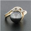 Image 2 : Vintage 14K Yellow Gold Round Diamond Dark Gray Pearl Solitaire Swirl Band Ring