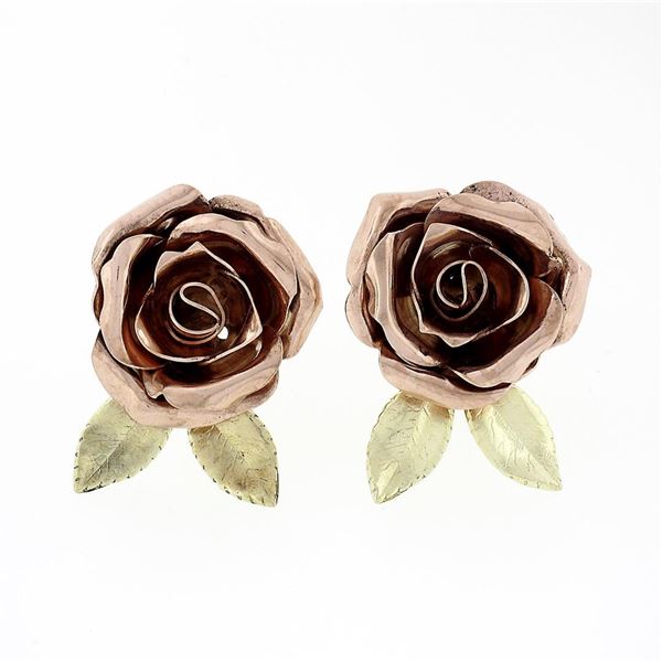Retro Vintage 14k Rose & Green Gold Rose Flower w/ Textured Leaves Stud Earrings