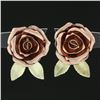 Image 2 : Retro Vintage 14k Rose & Green Gold Rose Flower w/ Textured Leaves Stud Earrings
