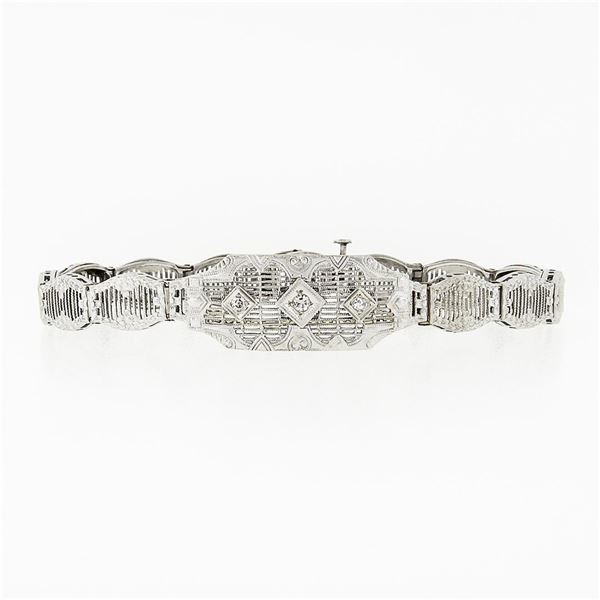Antique Art Deco 14k White Gold 0.11 ctw Round Diamond Milgrain Filigree Bracele