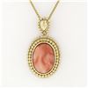 Image 2 : Vintage 14k Gold Oval Cabochon Coral Open Beaded Frame Pendant w/ Chain Necklace