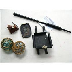 Lot of Collectibles:  2 Glass Balls with rope, 2 metal items, 1 wooden mouse and cheese and  brand n