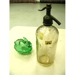 Seltzer Bottle and a green Depression Glass Rabbit covered dish (18)