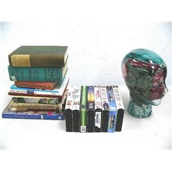 glass head with roses, lot of assorted books, and VCR tapes (16)