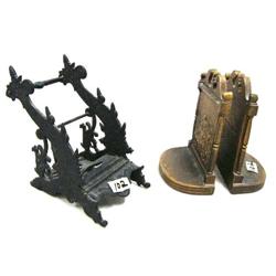 pair of heavy metal book ends, ornate cast iron thread holder (16)
